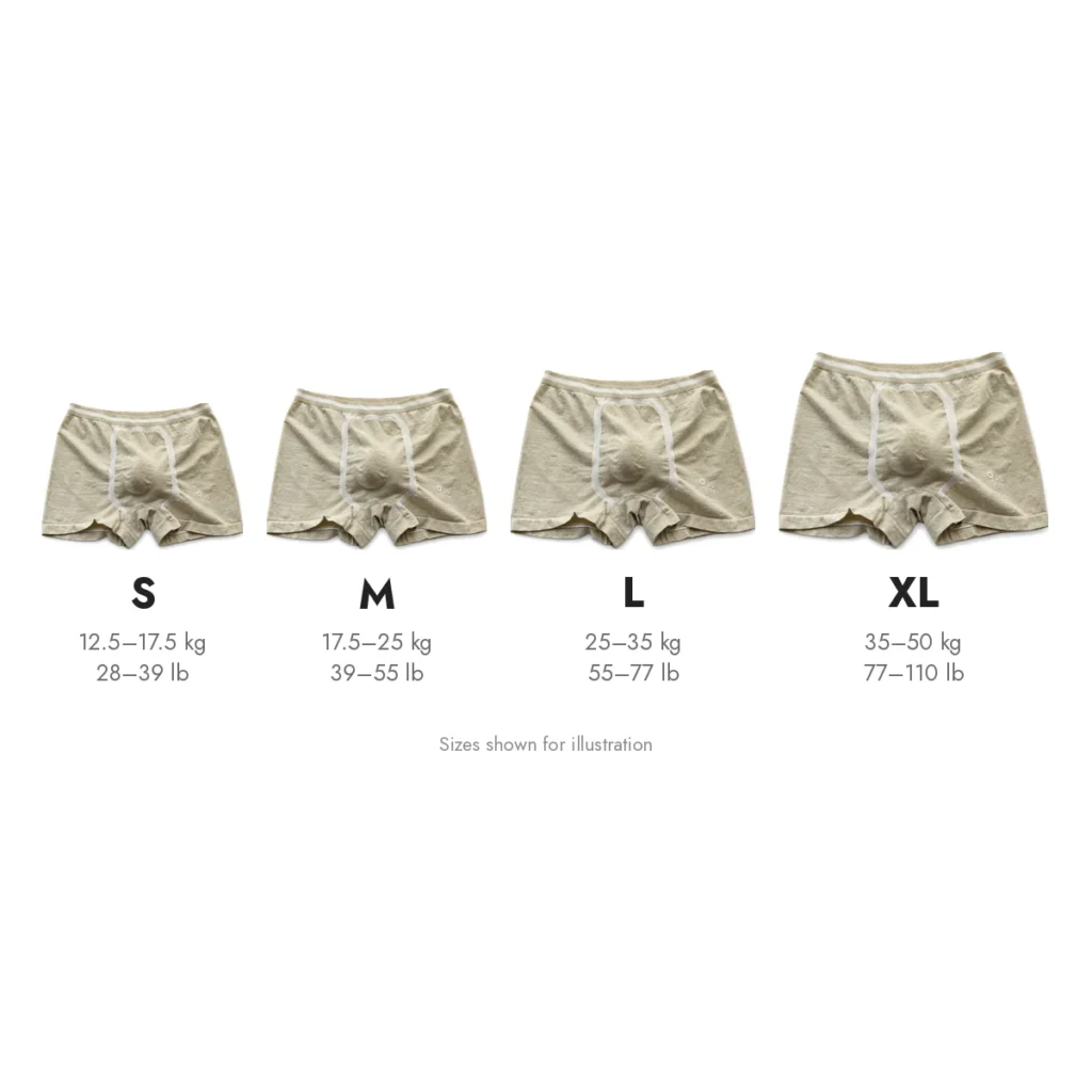 Four sizes of kids seamless boxer briefs, S to XL, with weight ranges in kg and lb