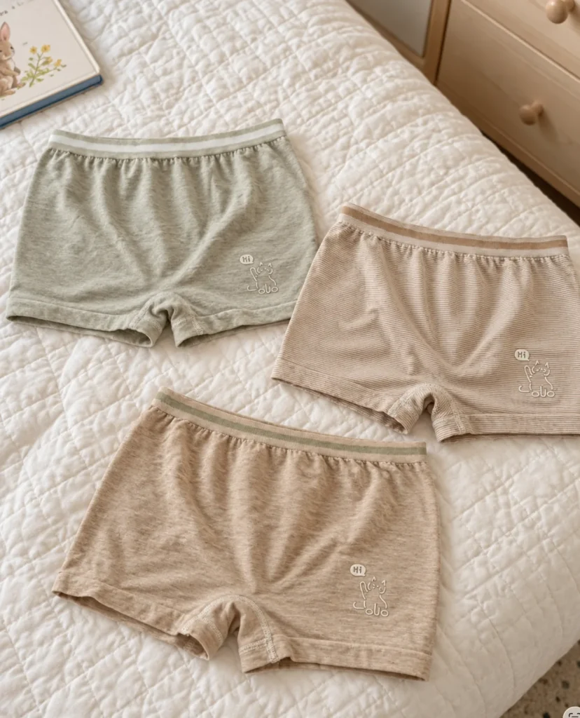 Kids seamless underwear in sage, khaki stripe and nude on a white quilted bed