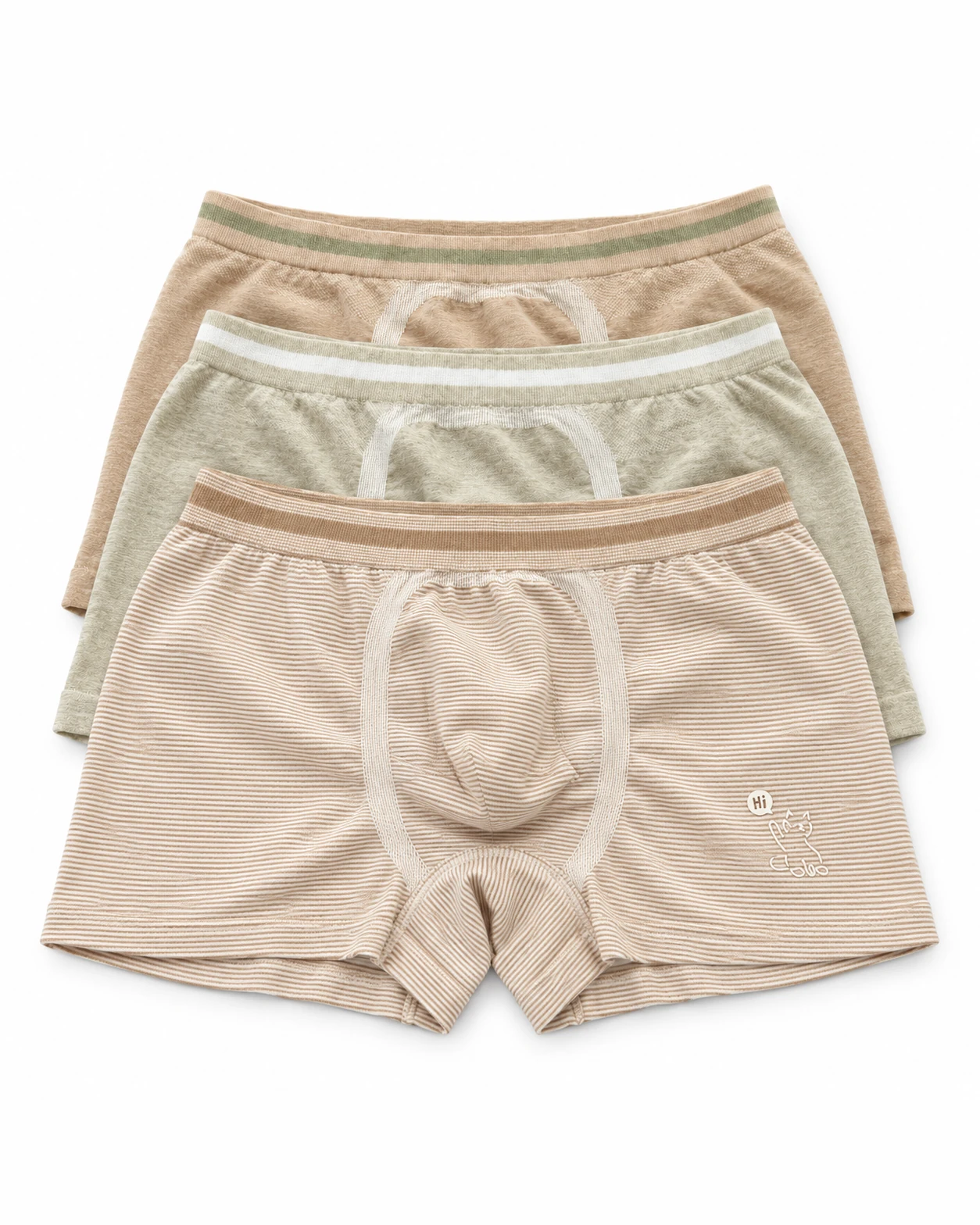 Kids seamless underwear in sage, khaki stripe and nude, laid flat